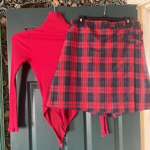 Red Ribbed Bodysuit and Plaid Skirt Set